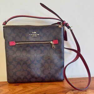 Coach Rowan File Signature Crossbody Bag in Chocolate Brown and Red